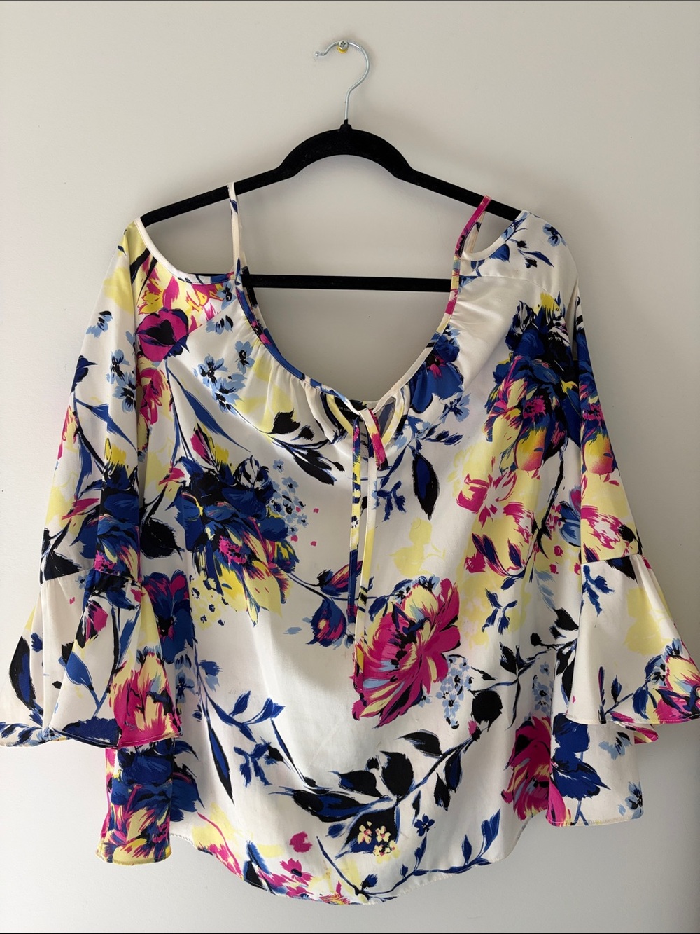 Floral Off-Shoulder Blouse with Tie Neck - White/Multi